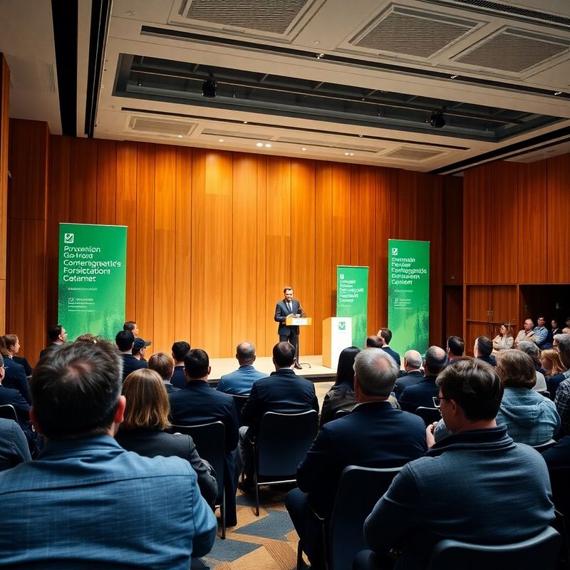 Salle de conférence moderne avec scène et bannières vert forêt à Lausanne