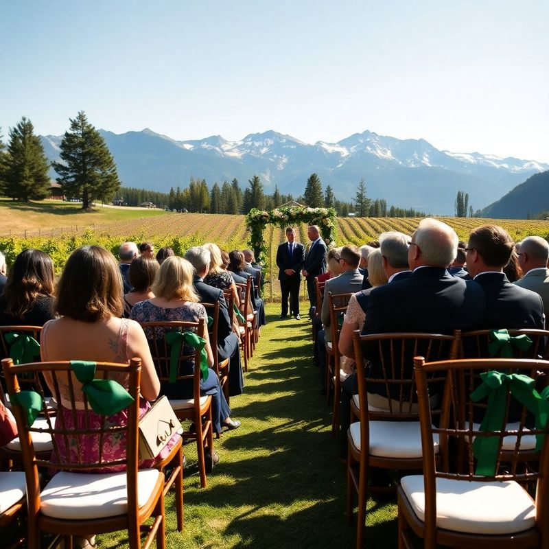 Cérémonie de mariage en vigne suisse avec chaises en bois et rubans vert forêt