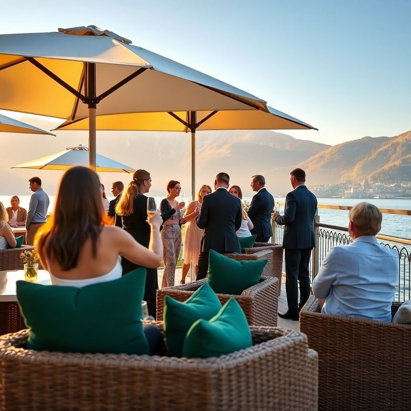 Terrasse de fête privée au bord du lac à Montreux, parasols crème et coussins vert forêt