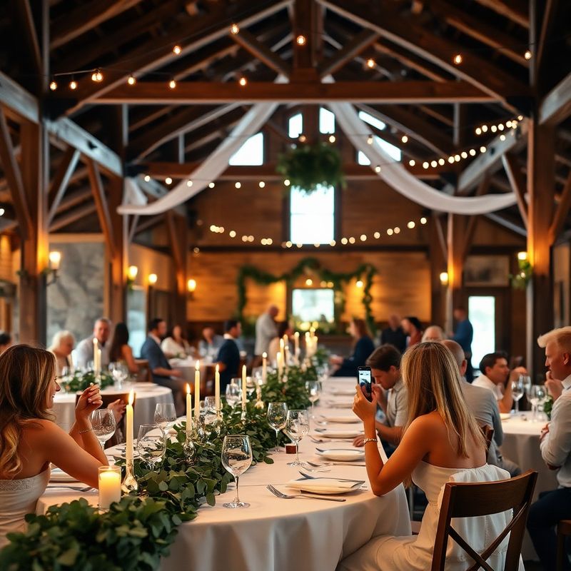 Réception de mariage intime sous poutres en bois avec linge crème et guirlandes d'eucalyptus